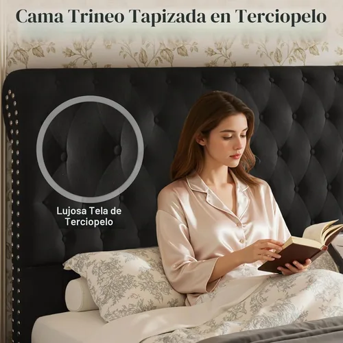Vista 3 de Jocisland Base de cama Queen de 52.8 pulgadas, cabecera de trineo tapizada Negro