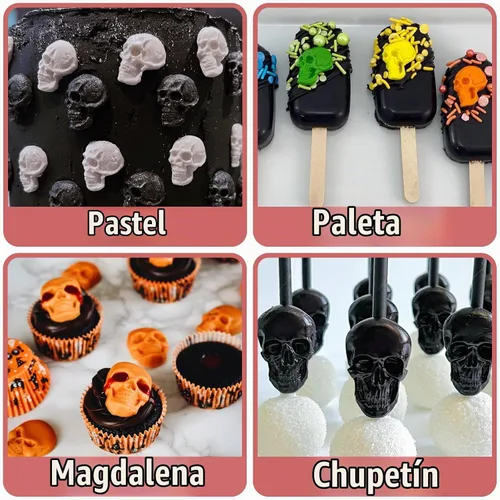Vista 4 de Moldes de silicona 3D de calavera de esqueleto para Halloween, 3 piezas, para fiesta de Halloween, chocolate, caramelo, arcilla para decoración