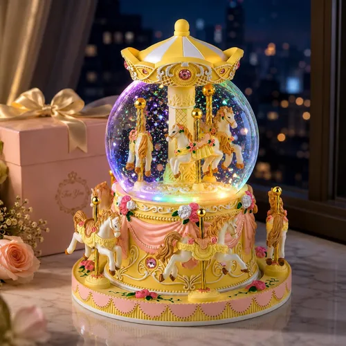 Vista 13 de Caja de música de carrusel, globo de nieve de caballo, cajas musicales pintadas a mano, luz de color, regalo para niñas, mujeres, niños, hermana