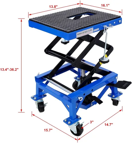 Vista 5 de Gato hidráulico de elevación de motocicleta de alta resistencia de 300 libras con 4 ruedas para bicicletas pequeñas de cross, mesa elevadora