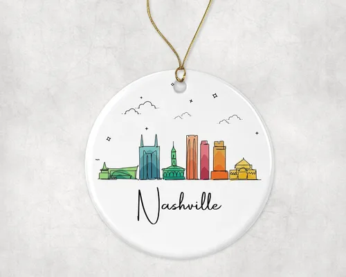 Vista 3 de Adorno de la ciudad de Nashville, adorno de Navidad de la ciudad de Nashville, adorno de Navidad de puntos de interés, gráfico colorido