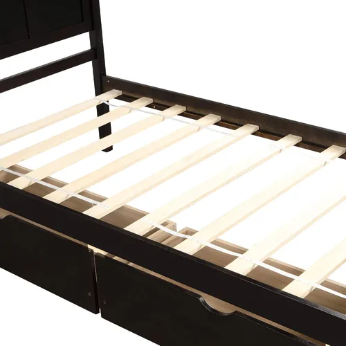Vista 6 de P PURLOVE Marco de cama de tamaño individual con dos cajones debajo, marco de cama de plataforma doble de madera con cabecera con soporte de Espresso