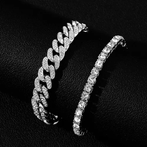 Vista 3 de HH BLING EMPIRE Pulseras de oro y plata de 14 quilates con diamantes y pulsera de eslabones cubanos para hombres y mujeres, joyería de hip hop
