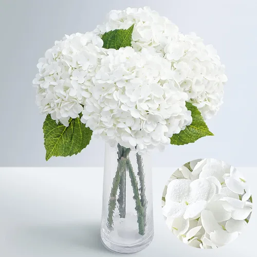 Vista 10 de Flores artificiales de hortensias de tacto real, 2 flores azules y 2 blancas de tacto real, flores de hortensias sintéticas de 21 pulgadas, flores
