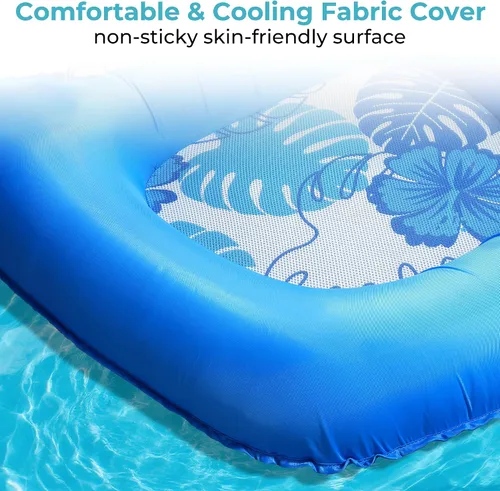 Vista 4 de Fabric Covered Inflatable Pool Lounger Float Adult, 70"x39" Extra Large Pool Float w/ UPF50+ Sunshade Canopy & Cupholder Caddy, Water Floaties Raft