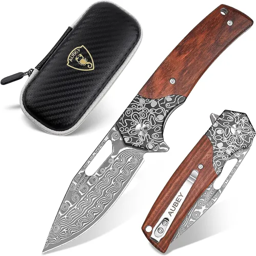 Vista 13 de Cuchillo de bolsillo de Damasco AUBEY con clip, cuchillos plegables con hoja de acero Damasco VG10, mango de madera, cuchillos EDC plegables