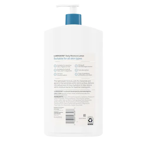 Vista 7 de Lubriderm, Loción de Humectación Diaria Libre de Fragancia + Pro-Cerámida, Manteca de Karité y Glicerina, Loción para Cara, Manos y Cuerpo para Piel