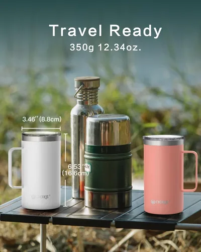 Vista 2 de Taza de viaje de 24 onzas con asa y tapa, taza de café aislada, taza de café de acero inoxidable, regalo de campamento para hombres y mujeres