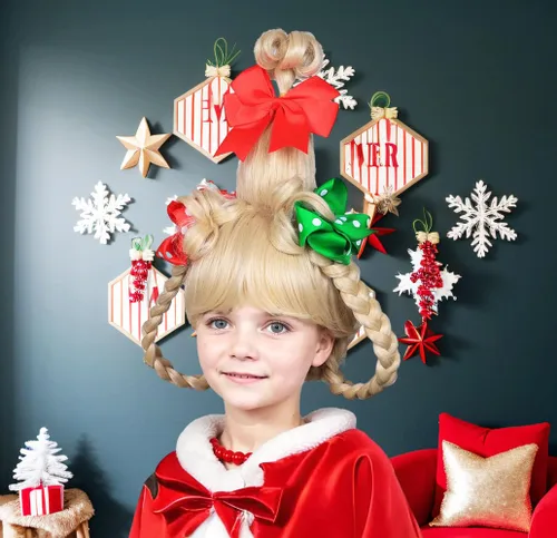 Vista 2 de FantaLook Peluca larga trenzada para niños, para Navidad, cosplay, con collar de cuentas rojas y lazos de lunares rojos y verdes para niños, disfraz