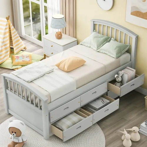 Vista 9 de Harper & Bright Designs Base de cama individual con cajones de almacenamiento, marco de cama de madera maciza, no necesita somier