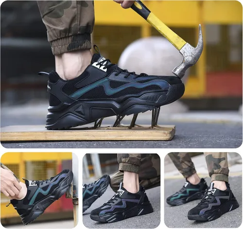 Vista 6 de Zapatos de punta de acero para mujeres y hombres, zapatos de seguridad de trabajo de ajuste ancho, ligeros, antideslizantes, cómodos, compuestos