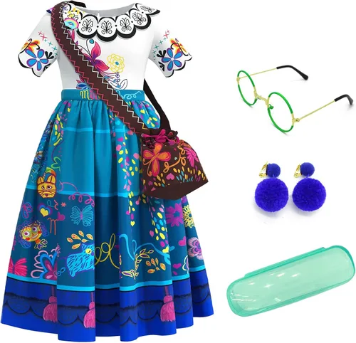 Vista 5 de Mirabel - Vestido de disfraz para niñas disfraz mágico de Halloween disfraz de cosplay para niñas vestido de fiesta con monedero lentes y aretes