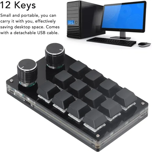 Vista 3 de Diyeeni Teclado mecánico macro de 12 teclas, teclado programable con 2 perillas, teclado portátil totalmente programable con una mano, teclado