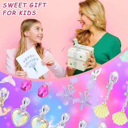 Vista 6 de PinkSheep Clip On Earrings for Little Girls Kids Jewelry 12 Pairs Gift for 4567910 Years Old Mermaid Flower Earring