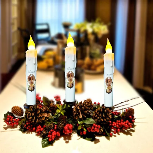 Vista 6 de Velas cónicas sin llama primitivas con temporizador, velas LED parpadeantes de 6.75 pulgadas, vela decorativa sin goteo para Halloween, Navidad