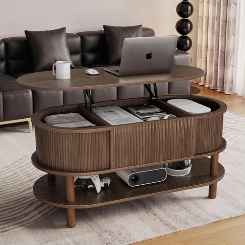 Vista 8 de Mesa auxiliar con tapa elevable y almacenamiento, mesa central redonda acanalada con puerta de armario deslizante, mesa pequeña circular para sala
