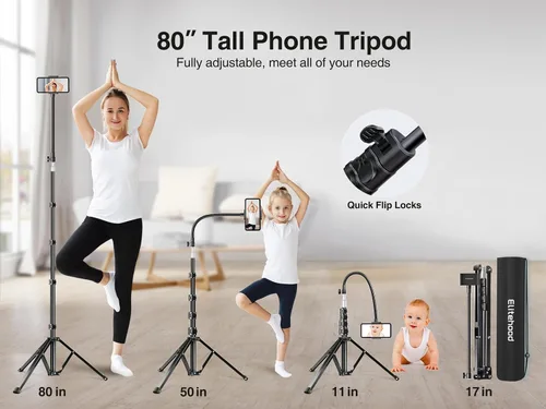 Vista 3 de elitehood Trípode de teléfono de 80 pulgadas de alto, soporte de grabación de teléfono de piso, soporte de trípode ajustable resistente para iPhone