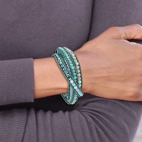 Vista 4 de ICE CARATS Tiendaitacristalcuarzo azulpulsera de cuero multienvoltura ajustable elástica de piedra natural concha de madera joyería de moda