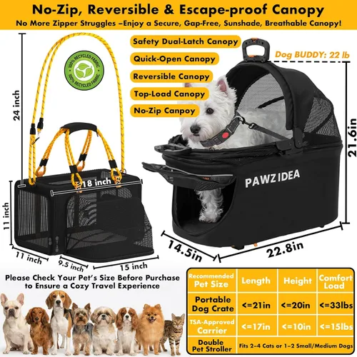 Vista 8 de PAWZIDEA Carriola doble para mascotas con 2 portamascotas desmontables, jaula portátil para perros para viajes en automóvil y porta gatos expandible