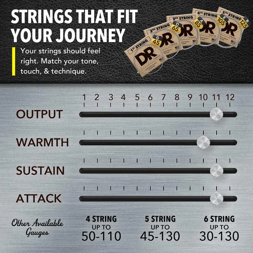 Vista 6 de DR Strings HI-BEAMS – Cuerdas de bajo de acero inoxidable de 5 cuerdas, 45-125, núcleo redondo (MR5-45)