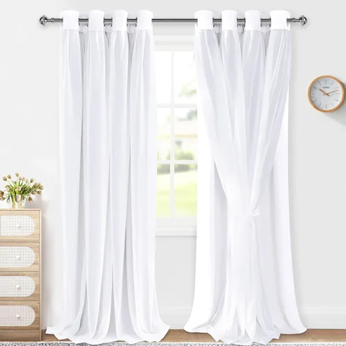 Vista 20 de XWZO Cortinas 100% opacas de doble capa para guardería, cortinas opacas con superposición transparente para dormitorio de niñas, cortinas