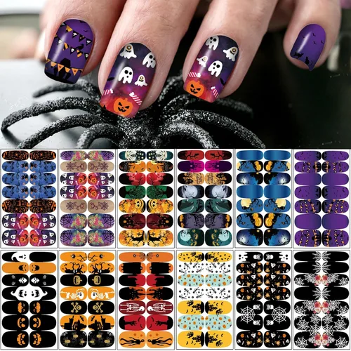 Vista 8 de 12 hojas de calcomanías completas de otoño, tiras de esmalte de uñas de otoño, calcomanías autoadhesivas de arte de uñas de hoja de arce con 2 limas
