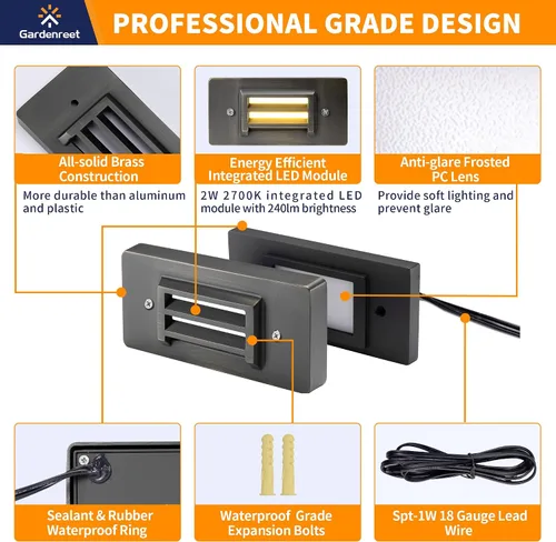 Vista 2 de Gardenreet Luces de paso de latón macizo impermeables para exteriores, 2 W, 240 lm, 12 V, luces de escalera de bajo voltaje, luces blancas cálidas