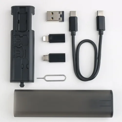 Vista 3 de Cable USB tipo C a C de carga y transferencia de datos con 3 adaptadores combinados en caja de tubo, negro translúcido