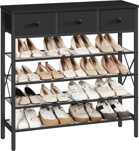 Vista 13 de YATINEY - Zapatero de 4 niveles con 3 cajones, organizador de zapatos de metal para 15 pares con estantes de almacenamiento y parte superior de Negro