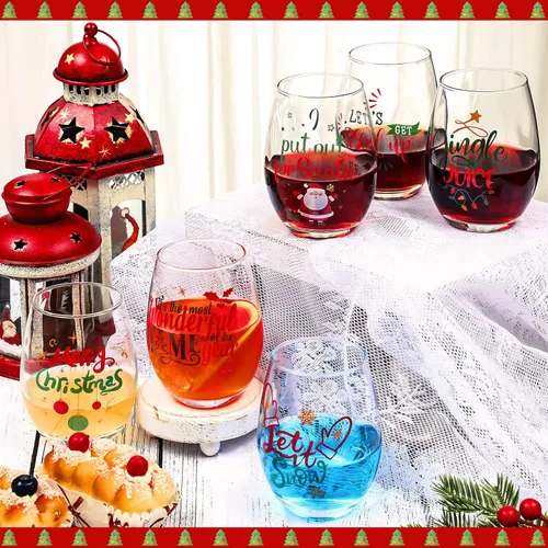 Vista 4 de Funtery 6 Piezas Vasos de Vino de Navidad sin Tallo, Divertido Juego de Regalo de Navidad para Maestros, Hombres, Mujeres, Familia, Amigos