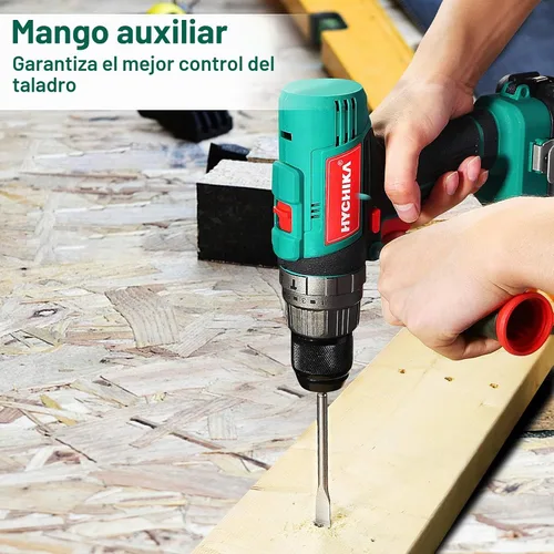 Vista 8 de HYCHIKA - Taladro de martillo inalámbrico de 18 V, taladro eléctrico de 400 In-lbs con mango auxiliar, mandril de metal de 1/2 pulgada, batería