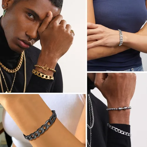 Vista 2 de PROSTEEL - Cadena, brazalete cubano de acero inoxidable unisex, negro, chapado en oro de 18 quilates, sin níquel, joyería hipoalergénica, 4-13 mm