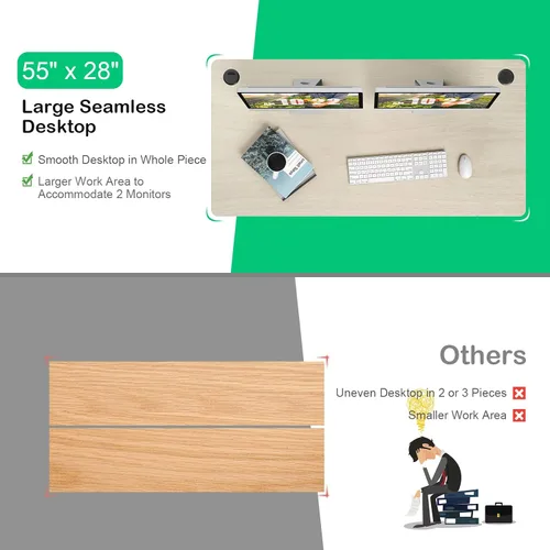 Vista 6 de COSTWAY Mesa universal, escritorio de madera maciza de una sola pieza para marco de escritorio estándar y ajustable en altura, encimera rectangular