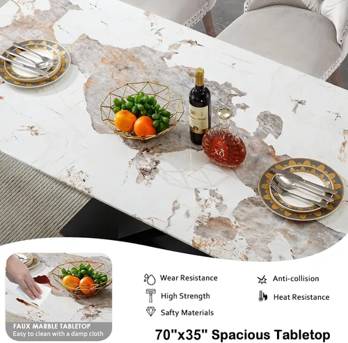 Vista 4 de Juego de 5 mesas de comedor, juego de mesa de cocina y comedor para 4, mesa de cocina rectangular de mármol sintético blanco de 47 pulgadas con base