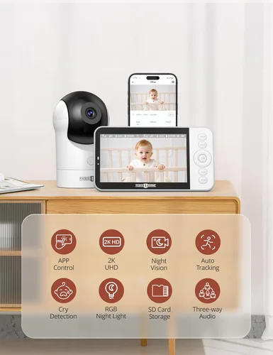 Vista 9 de PARIS RHÔNE Monitor de bebé con pantalla dividida 2K, monitor de bebé de video inteligente de 5 pulgadas con 2 cámaras, cámaras WiFi duales