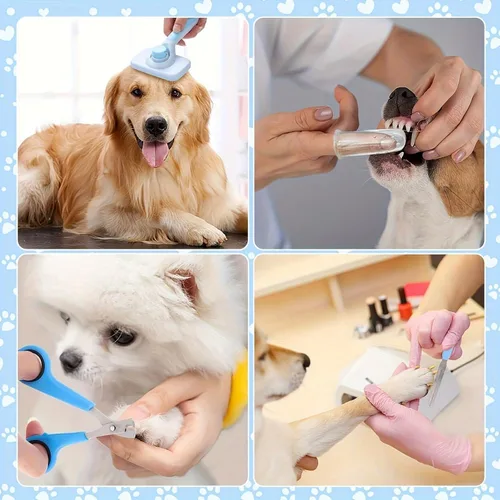 Vista 3 de Kit de aseo para mascotas 8 en 1, herramientas de aseo para perros y gatos con peine desengrasante, cepillo deslizante, lima de uñas y cepillos