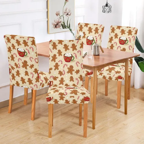 Vista 7 de Kcldeci Juego de 4 fundas de elastano para sillas de comedor navideñas, fundas elásticas para sillas de jengibre navideñas, fundas de asiento
