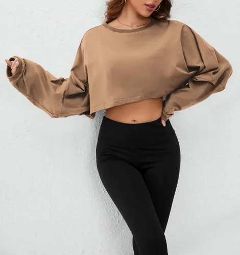 Vista 3 de SAFRISIOR Camiseta corta de manga larga de gran tamaño para mujer, cuello redondo, hombros caídos, camiseta corta casual para entrenamiento