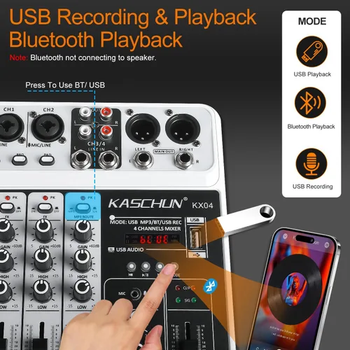 Vista 3 de Mezclador de audio DJ de 4 canales, tablero de sonido Bluetooth