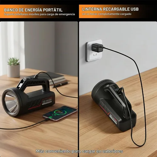 Vista 6 de Linterna LED recargable, linterna de camping portátil de 4800 mAh, 7 modos de luz e impermeable, proyector de mano súper brillante para emergencias