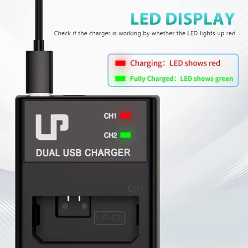 Vista 4 de LP Paquete de batería y cargador LP-E5, paquete de 2 baterías de repuesto LP E5 de 1600 mAh y cargador de doble ranura USB para Canon EOS Rebel XS