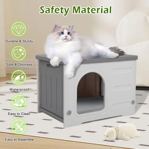 Vista 6 de Casa impermeable para gatos al aire libre, casa de plástico para gatos con puerta de escape y alfombrilla suave, refugio grande para gatos