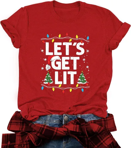 Vista 13 de Camisetas navideñas para mujer Let's Get Lit, camisa con lindo diseño gráfico de luces, manga corta, tops y camisetas de Navidad Gris-Carbón