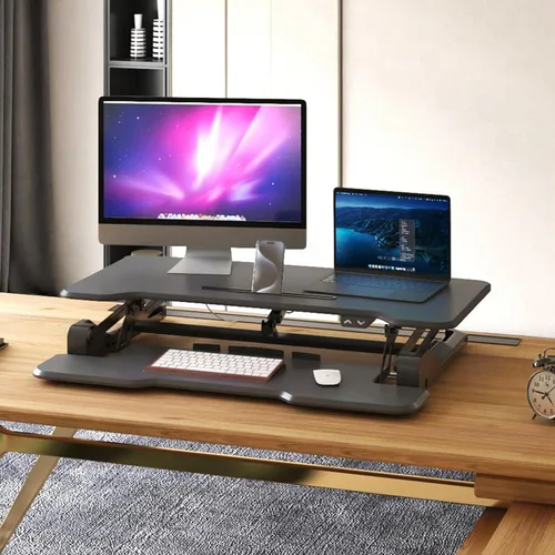 Vista 5 de Mount-It! Convertidor de escritorio eléctrico de pie con mesa de 38 pulgadas, elevador de escritorio de pie ajustable en altura, elevador