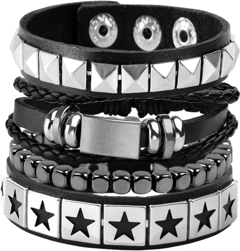 Vista 7 de Eigso - 4 pulseras de cuero punk, para hombres y mujeres, clásicas, góticas, vintage, de poliuretano, para hombre y mujer Negro - B