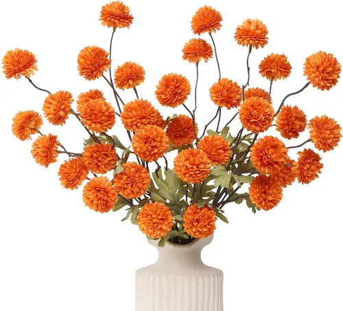 Vista 22 de DuHouse 6 piezas de flores artificiales de seda falsa pompón crisantemo, pequeña mini bola de crisantemo de seda con tallos para bodas DIY arreglos