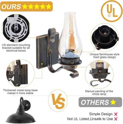 Vista 2 de Yisuro Aplique de Pared con Cable, Aplique de Pared de Bronce Cepillado con Cable para Interior, Lámparas de Pared Retro Rústicas con Vidrio Ámbar