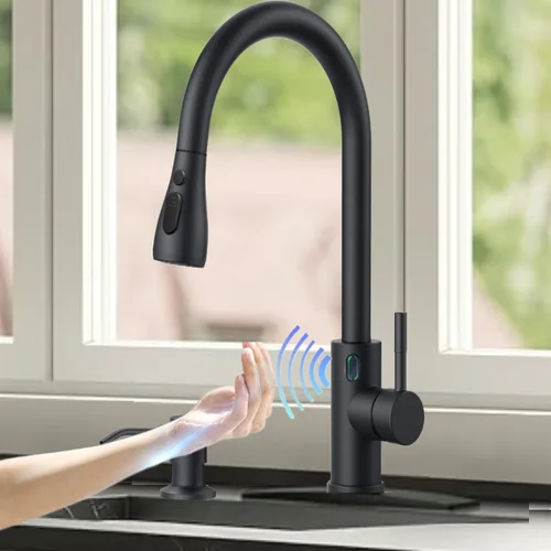 Vista 10 de Grifo de cocina táctil, rociador desplegable de 3 modos, sensor táctil activado, control de temperatura LED, rotación de 360 grados, placa de Negro