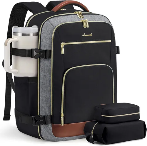 Vista 26 de LOVEVOOK Mochila de viaje para mujer y hombre, Beige, Mochilas de viaje