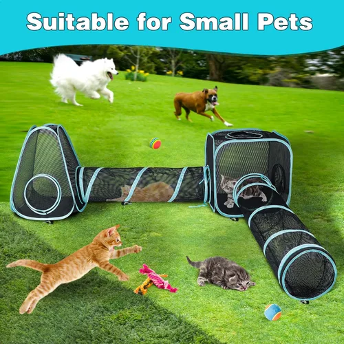 Vista 6 de Recintos portátiles para gatos de 9.45 pies para exteriores, casa de juegos para gatos, tienda de campaña desplegable para gatos con túneles dobles